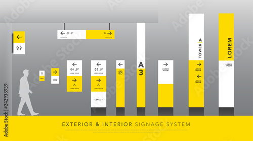 exterior and interior signage system. direction, pole, wall mount signboard and traffic signage design template set. empty space for logo, text, white and yellow corporate identity photo