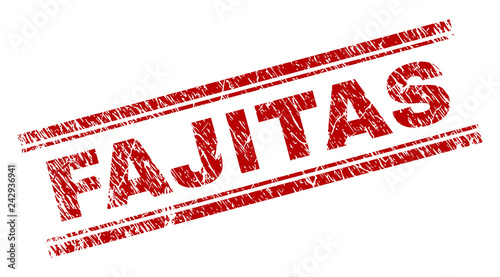 FAJITAS seal print with distress texture. Red vector rubber print of FAJITAS text with scratched texture. Text label is placed between double parallel lines.