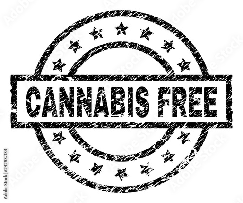 CANNABIS FREE stamp seal watermark with distress style. Designed with rectangle, circles and stars. Black vector rubber print of CANNABIS FREE label with scratched texture. photo