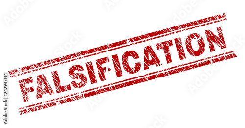 FALSIFICATION seal print with corroded texture. Red vector rubber print of FALSIFICATION caption with retro texture. Text caption is placed between double parallel lines.