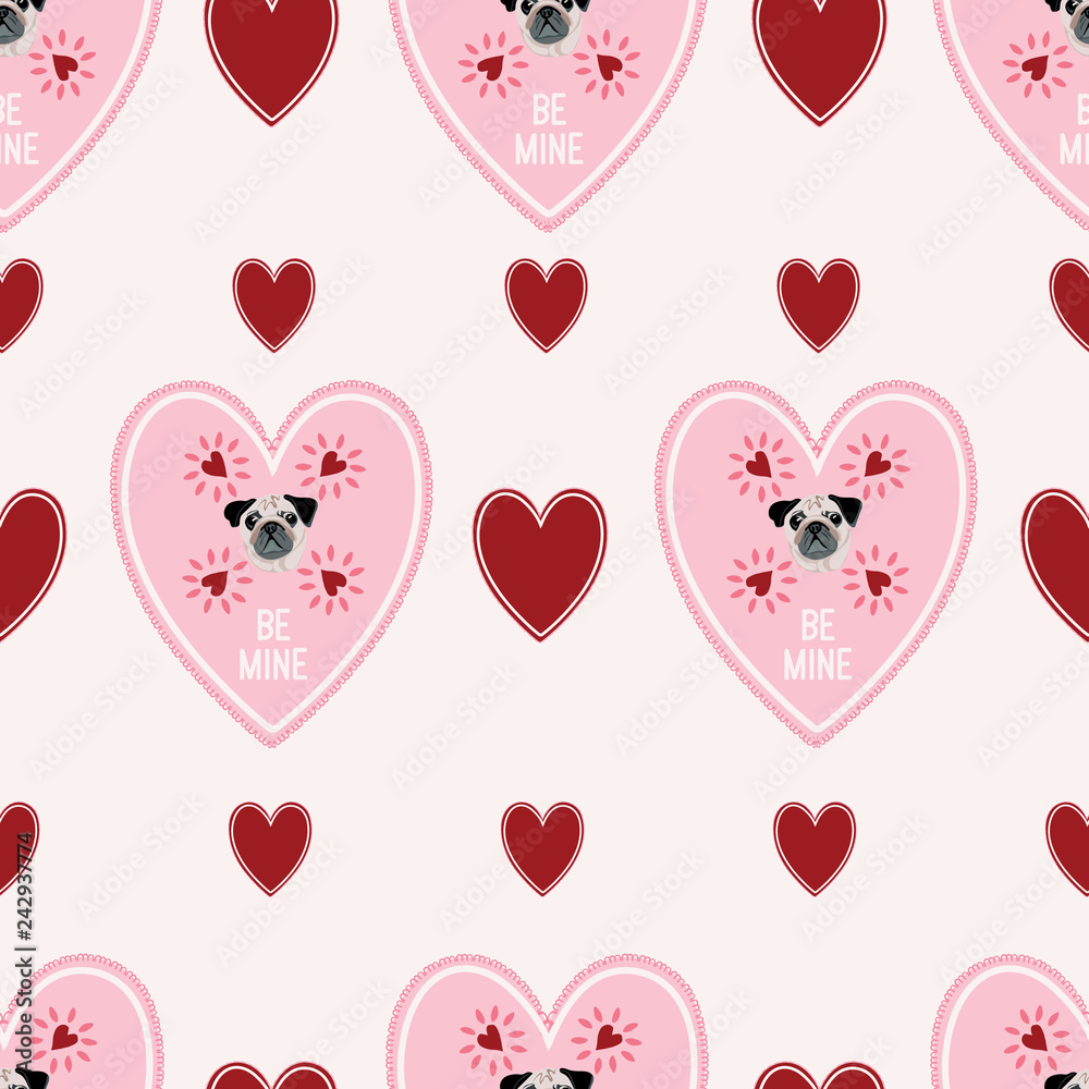 Cute valentine themed vector seamless pattern of a pug surrounded by hearts and a “Be Mine” message. Fawn pug, pink and red hearts. Great for dog lovers, Valentine’s Day, pug adoptions or a new puppy.