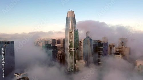 Downtown San Francisco Skyline Covered in Thick Low Fog on Blue Sky Day