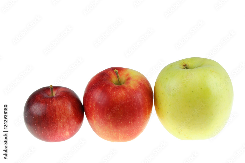 apples arrangement from small to large isolated on white background apples arrangement from small to large isolated on white background