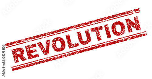 REVOLUTION seal print with corroded texture. Red vector rubber print of REVOLUTION text with unclean texture. Text title is placed between double parallel lines.