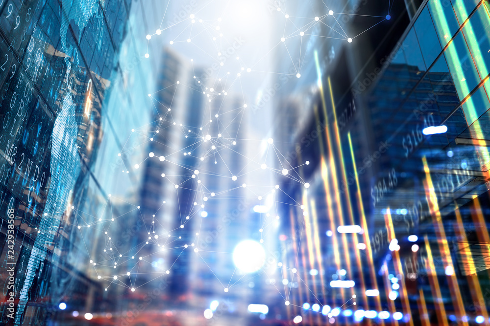 Fototapeta premium Wireless technologies and business city. Mixed media