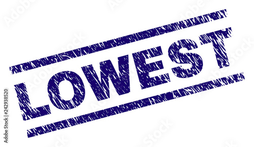 LOWEST seal print with distress style. Blue vector rubber print of LOWEST text with grunge texture. Text label is placed between parallel lines.