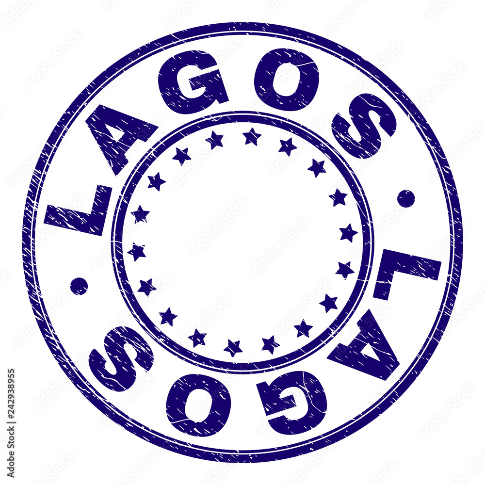 LAGOS stamp seal watermark with grunge texture. Designed with round shapes and stars. Blue vector rubber print of LAGOS title with retro texture.