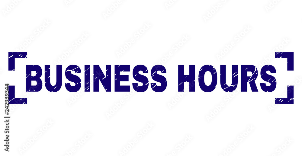 BUSINESS HOURS caption seal print with grunge texture. Text caption is placed between corners. Blue vector rubber print of BUSINESS HOURS with retro texture.