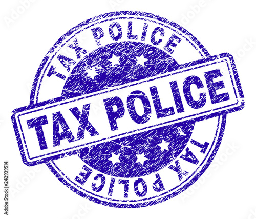TAX POLICE stamp seal imprint with grunge texture. Designed with rounded rectangles and circles. Blue vector rubber print of TAX POLICE caption with unclean texture.