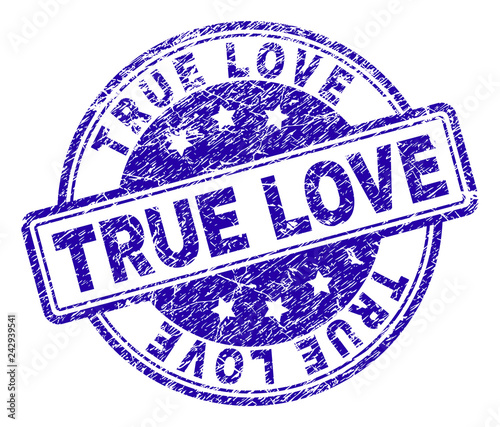 TRUE LOVE stamp seal imprint with grunge style. Designed with rounded rectangles and circles. Blue vector rubber print of TRUE LOVE text with grunge texture.