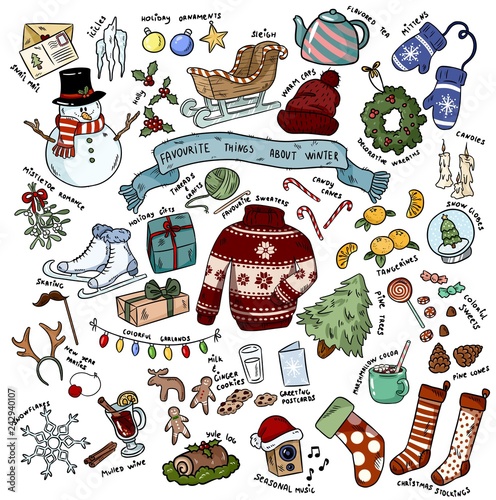 Christmas winter favourites doodles with lettering. Vector illustration.
