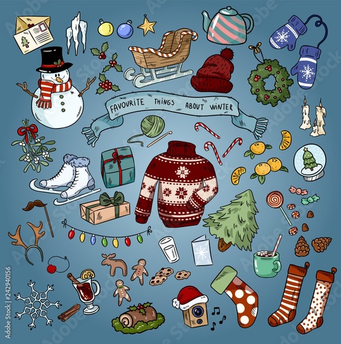 Christmas winter favourites colorful doodles. Vector illustration