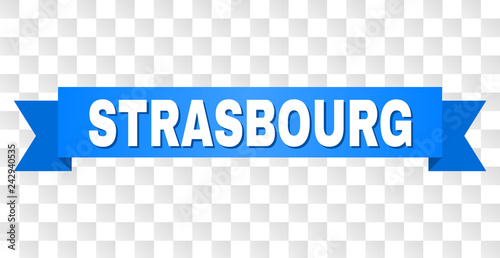 STRASBOURG text on a ribbon. Designed with white caption and blue stripe. Vector banner with STRASBOURG tag on a transparent background.