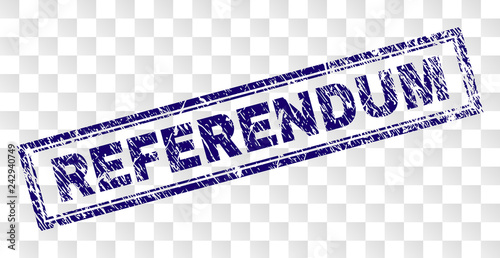 REFERENDUM stamp seal imprint with rubber print style and double framed rectangle shape. Stamp is placed on a transparent background. Blue vector rubber print of REFERENDUM caption with retro texture.