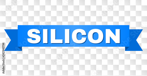 SILICON text on a ribbon. Designed with white caption and blue stripe. Vector banner with SILICON tag on a transparent background.