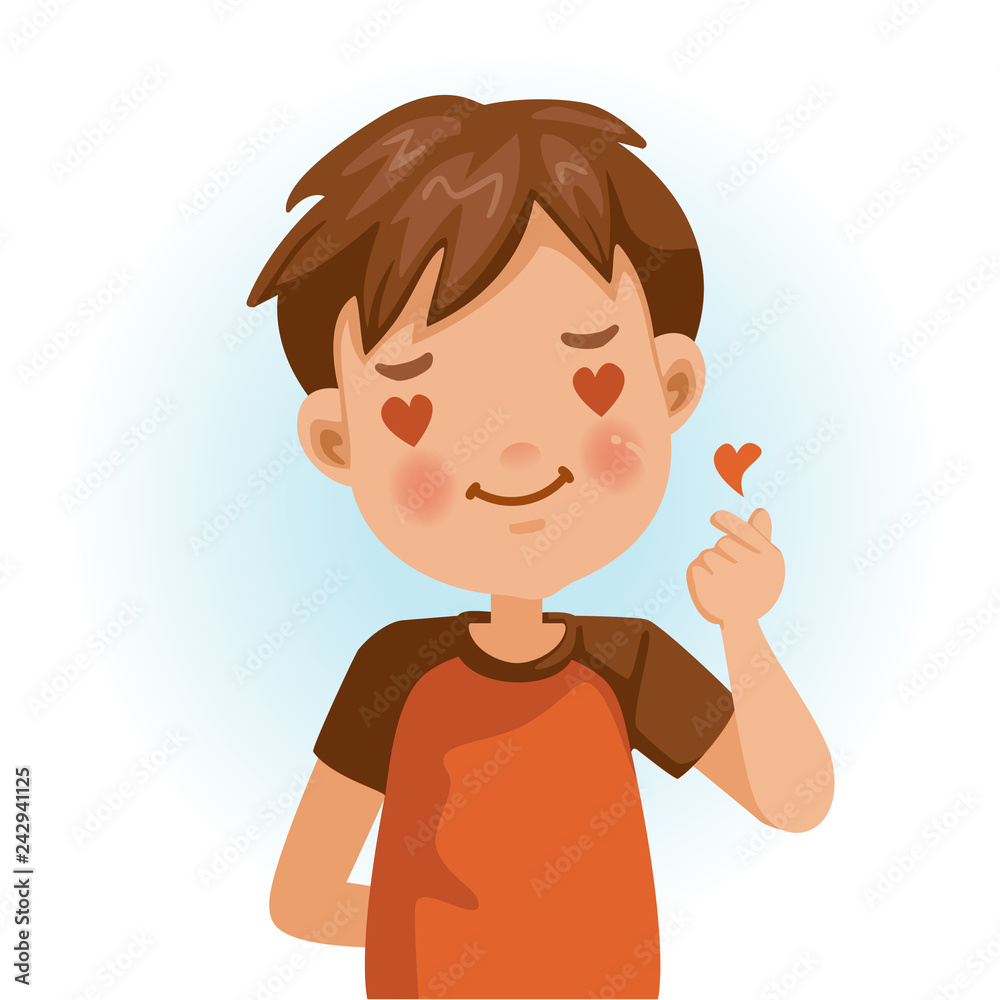 Boy is doing a small heart-shaped hand gesture that shows love feelings. Children in red shirt with red love with shyness, heart-shaped eyes, character, meaning love, easy and to the point. vector. Boy is doing a small heart-shaped hand gesture that shows love feelings. Children in red shirt with red love with shyness, heart-shaped eyes, character, meaning love, easy and to the point. vector.