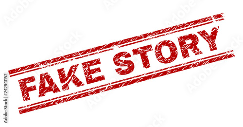 FAKE STORY seal print with grunge texture. Red vector rubber print of FAKE STORY text with dust texture. Text tag is placed between double parallel lines.