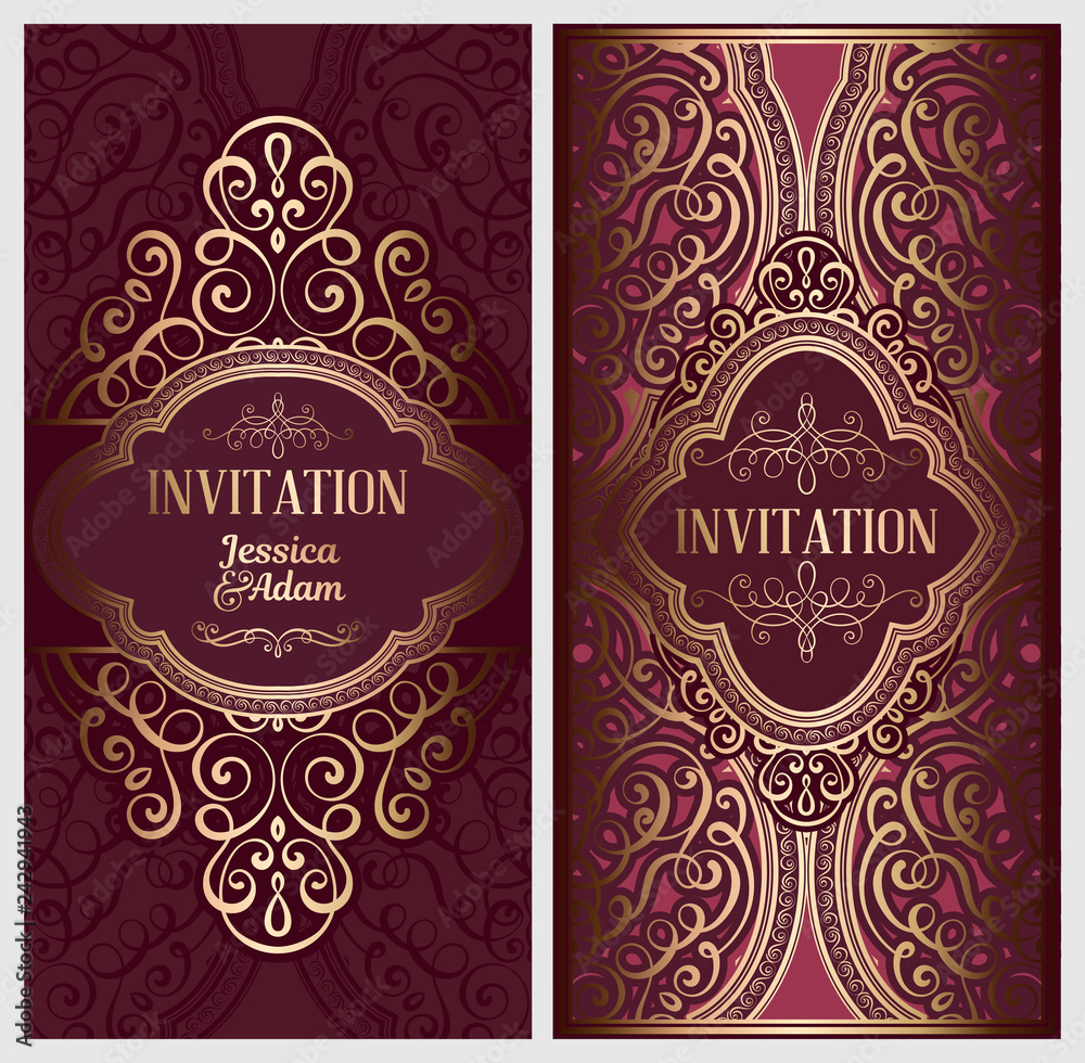Wedding invitation card with gold shiny eastern and baroque rich foliage. Ornate islamic background for your design. Islam, Arabic, Indian, Dubai. Wedding invitation card with gold shiny eastern and baroque rich foliage. Ornate islamic background for your design. Islam, Arabic, Indian, Dubai.