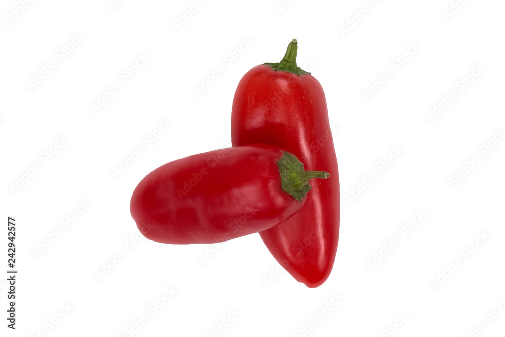 Ovely two mini red peppers on white isolate background. Fresh vegetable Ovely two mini red peppers on white isolate background. Fresh vegetable