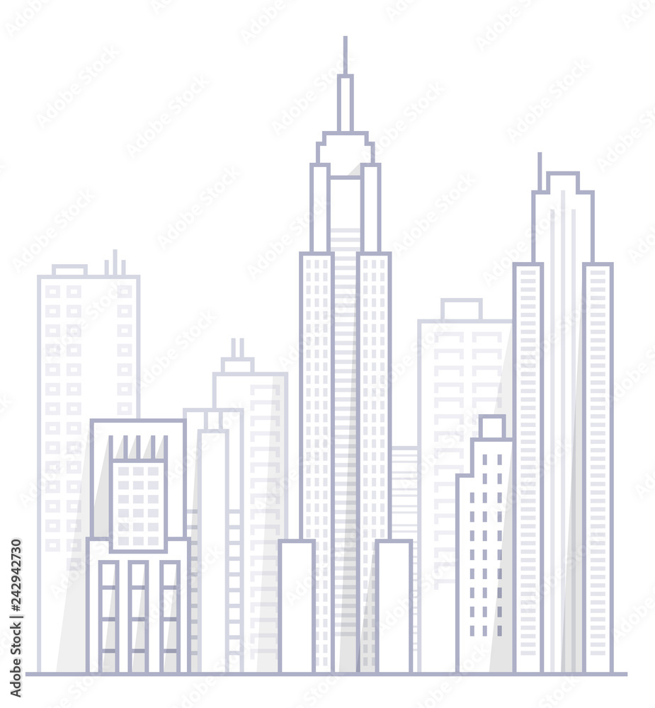 Line Art Vector Illustration of Modern Big City Background with Skyscrapers. Flat design Style-2