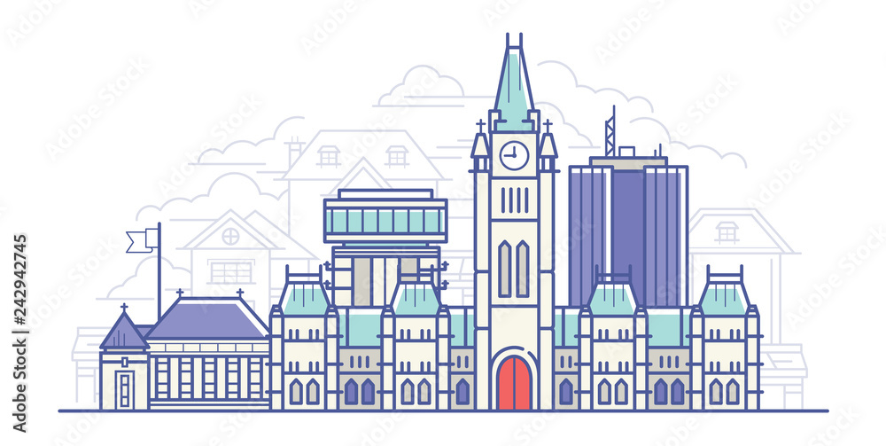 Line Art Vector Illustration of Old Big City. Flat design Style 2