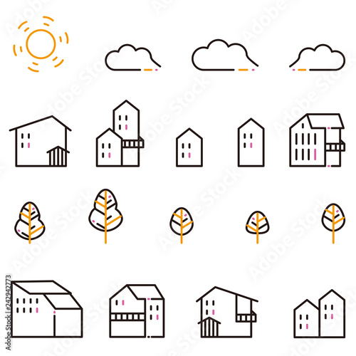 3色の線画の住宅街にあるモノ　アイコン