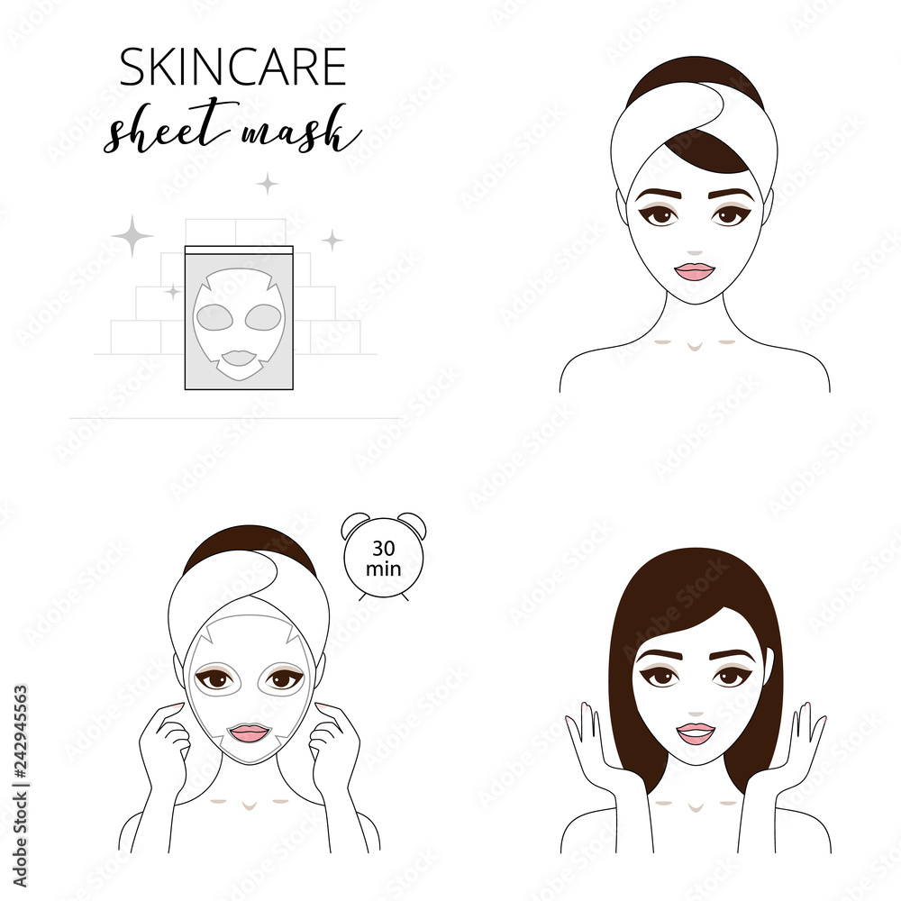Beautiful woman takes care about her face. Illustrated steps how to apply a sheet mask mask for face. Isolated lined illustrations set. Beautiful woman takes care about her face. Illustrated steps how to apply a sheet mask mask for face. Isolated lined illustrations set.