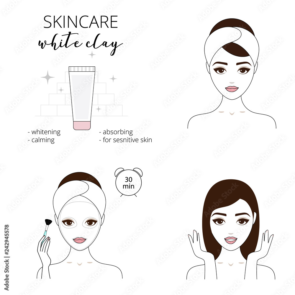 Beautiful woman takes care about her face. Illustrated steps how to apply a white clay mask for face. Isolated lined illustrations set. Beautiful woman takes care about her face. Illustrated steps how to apply a white clay mask for face. Isolated lined illustrations set.