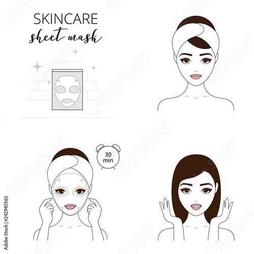 Beautiful woman takes care about her face. Illustrated steps how to apply a sheet mask mask for face.  Isolated lined illustrations set.