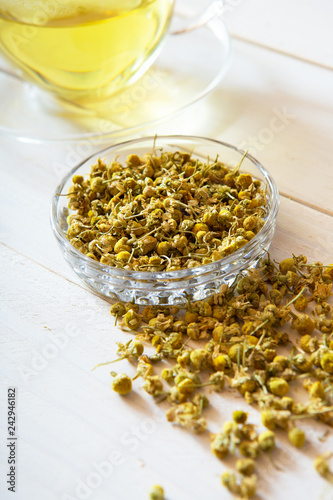 chamomile tea on white background