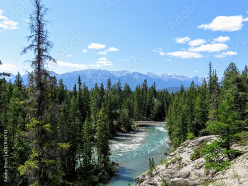 A beautiful view of the Athabasca River, visible from the Maligne Canyon trailhead. Maligne Canyon is a slot canyon located in the Jasper National Park near Jasper, Alberta, Canada. 