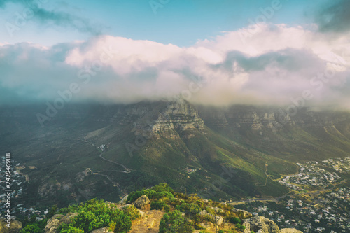 View of Table Mountain covered with clouds from Lion's head