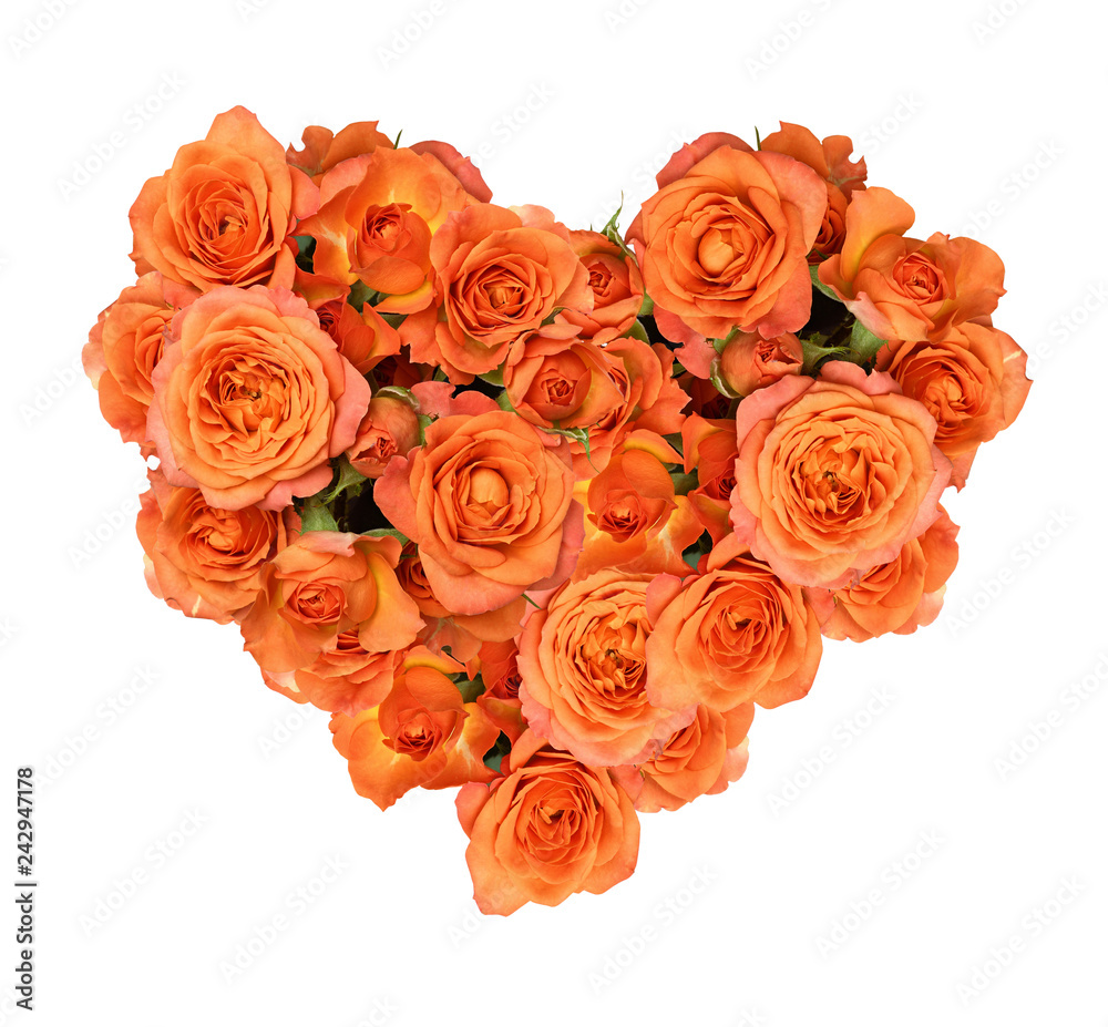 Orange rose flowers in a heart shape arrangement Orange rose flowers in a heart shape arrangement