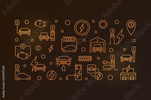 EV charging station vector outline golden illustration. Electric vehicle charging concept linear banner on dark background