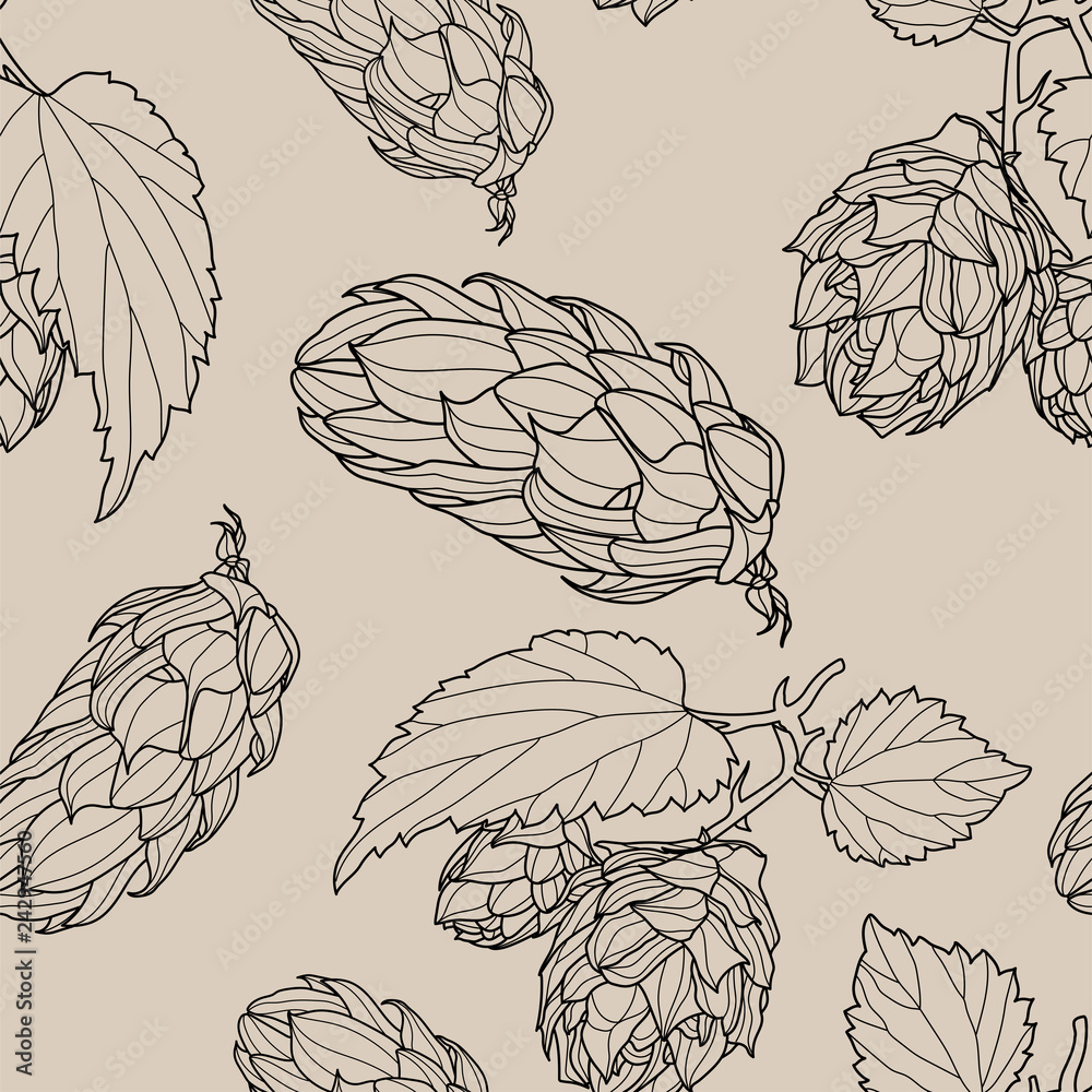 Hand drawn Hops Seamless pattern. Common hop or Humulus lupulus branch with leaves and cones. Vector Illustration. Hand drawn Hops Seamless pattern. Common hop or Humulus lupulus branch with leaves and cones. Vector Illustration.