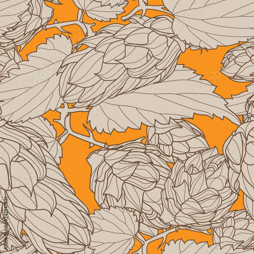 Hand drawn Hops Seamless pattern. Common hop or Humulus lupulus branch with leaves and cones. Vector Illustration.