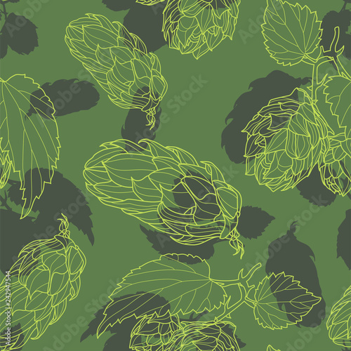 Hand drawn Hops Seamless pattern. Common hop or Humulus lupulus branch with leaves and cones. Vector Illustration.
