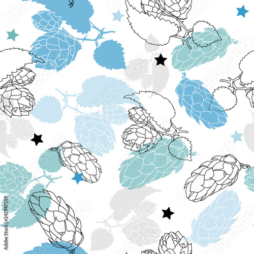 Hand drawn Hops Seamless pattern. Common hop or Humulus lupulus branch with leaves and cones. Vector Illustration.