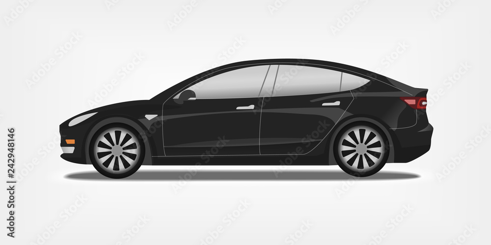 Flat vector illustration of a black electric car. Sport electro sedan concept.