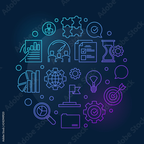 Company core values vector round colored outline illustration on dark background