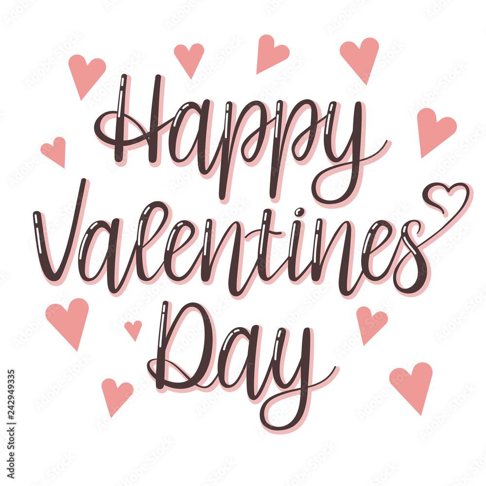 Happy Valentines Day lettering isolated on white background with pink hearts. Valentine's Day Card. Vector illustration.