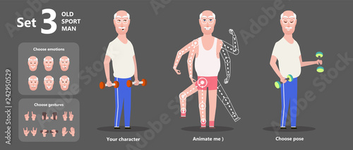 Gymnastics old man grandpa dumbbells exercises. Happy senior character cartoon design. A set of parts of the body to create the desired position. A set of emotions and gestures. Vector