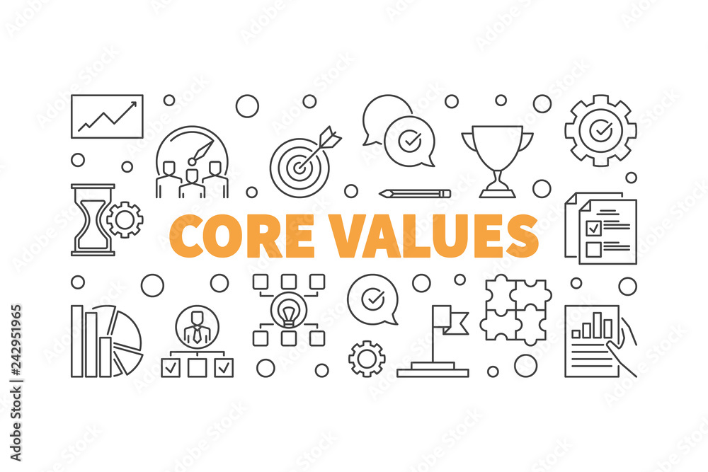 Core Values horizontal concept illustration or banner in thin line style Core Values horizontal concept illustration or banner in thin line style