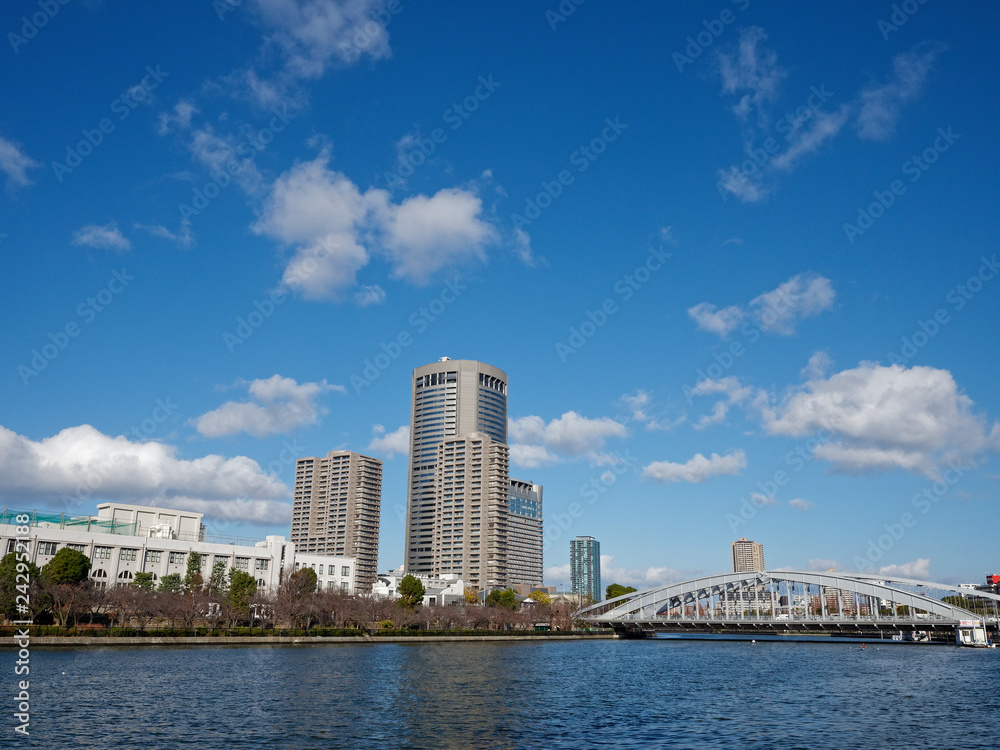 Naklejka premium 水都大阪 造幣局とOAP 大川に掛かる桜宮橋