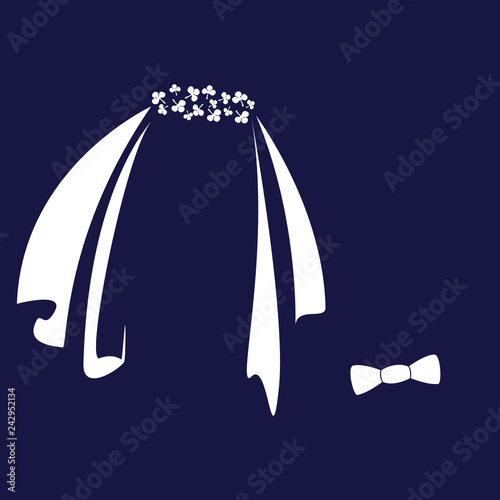 Icon symbols of the bride and groom.Stylized graphic illustration for wedding design. Isolated vector on blue background.