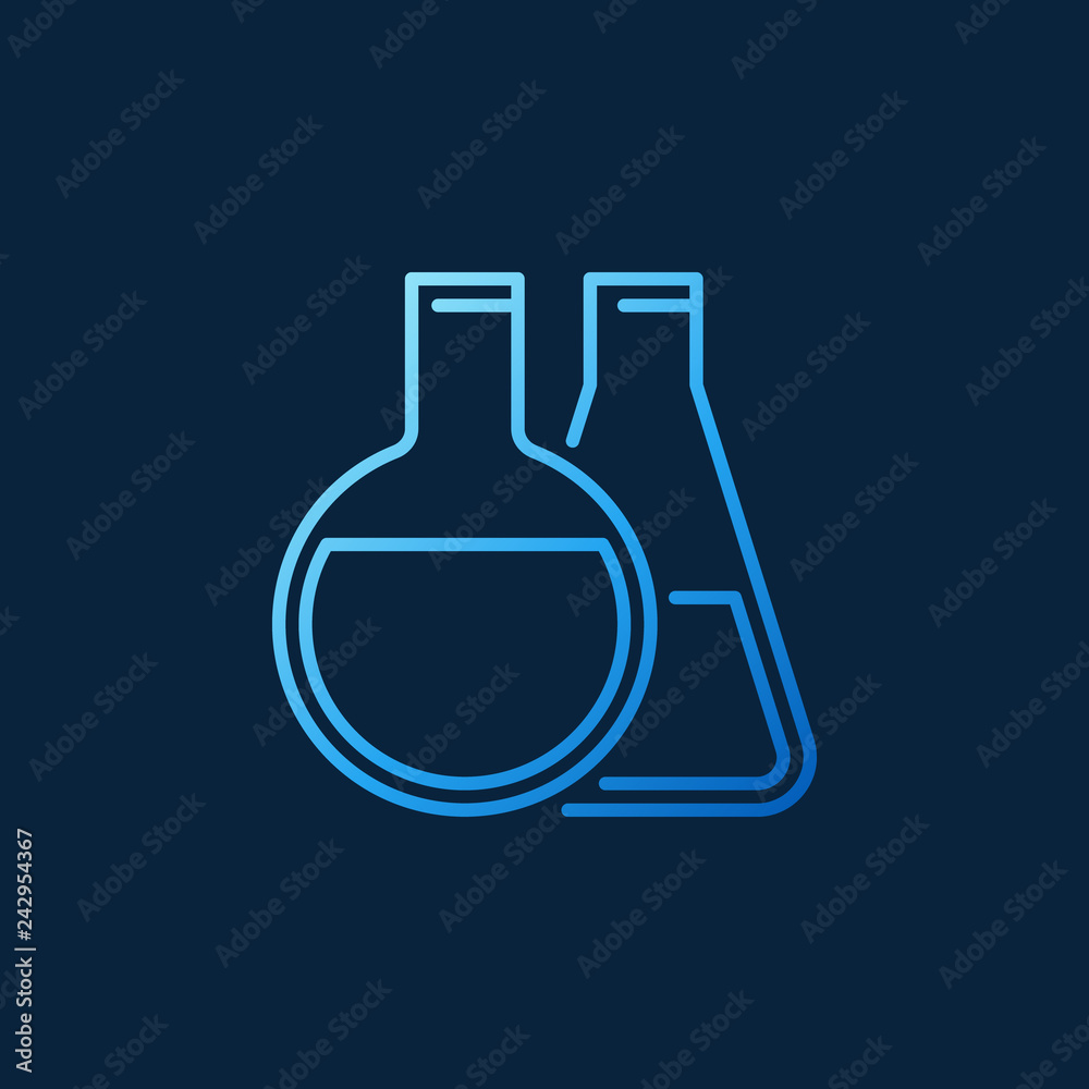 Laboratory glassware blue line icon. Vector Round-bottom and Conical flask concept symbol on dark background Laboratory glassware blue line icon. Vector Round-bottom and Conical flask concept symbol on dark background