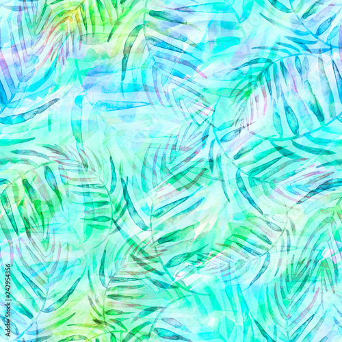 Wallpaper Mural Seamless watercolor background from green tropical leaves, palm leaf, floral pattern. Bright Rapport for Paper, Textile, Wallpaper, design. Tropical leaves watercolor. Exotic tropical palm tree Torontodigital.ca