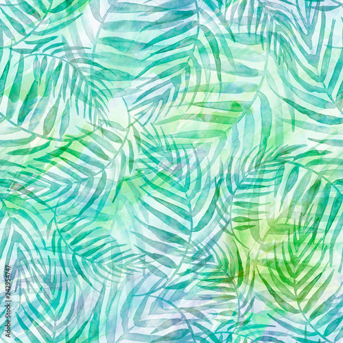 Seamless watercolor background from green tropical leaves  palm leaf  floral pattern. Bright Rapport for Paper  Textile  Wallpaper  design. Tropical leaves watercolor. Exotic tropical palm tree