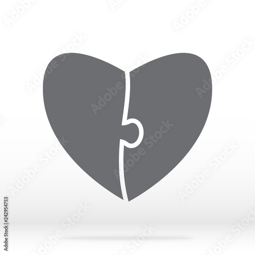 Simple icon  heart puzzle in gray. Simple icon heart puzzle of the two elements on gray background. Flat design. Vector illustration EPS10. 