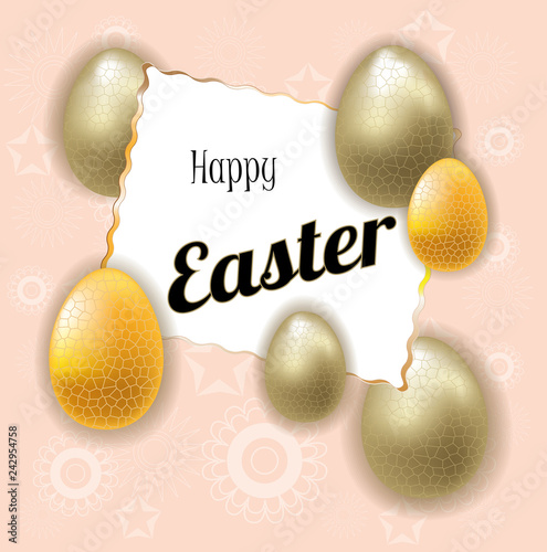 Happy Easter lettering background with realistic Golden glitter decorated eggs . Vector illustration postcard, advertising, promotion, poster, flyer, web banner, article